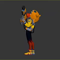 Game Character With Red Hair Yellow Jacket Holding Orange Weapon And Colorful Sneakers