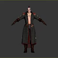 Man In Fantasy Character Design With Long Coat Red Accents And Feathered Headdress