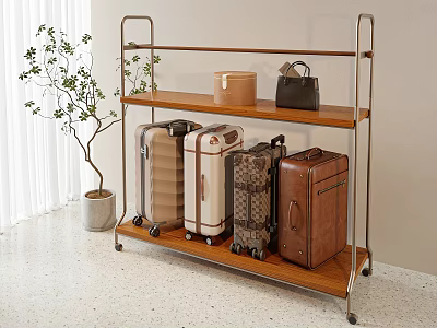 Stylish Wooden Metal Shelf With Wheels Holding Suitcases Bags And Small Indoor Plant 3d model