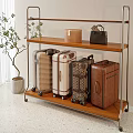Stylish Wooden Metal Shelf With Wheels Holding Suitcases Bags And Small Indoor Plant