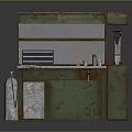 Vintage Workbench Furniture With Green Beige Finish Drawers Cabinet Countertop And Drill Press On Top