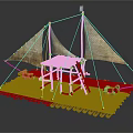 Traditional Wooden Boat with Yellow Sails and Intricate Wooden Deck Mast Structure