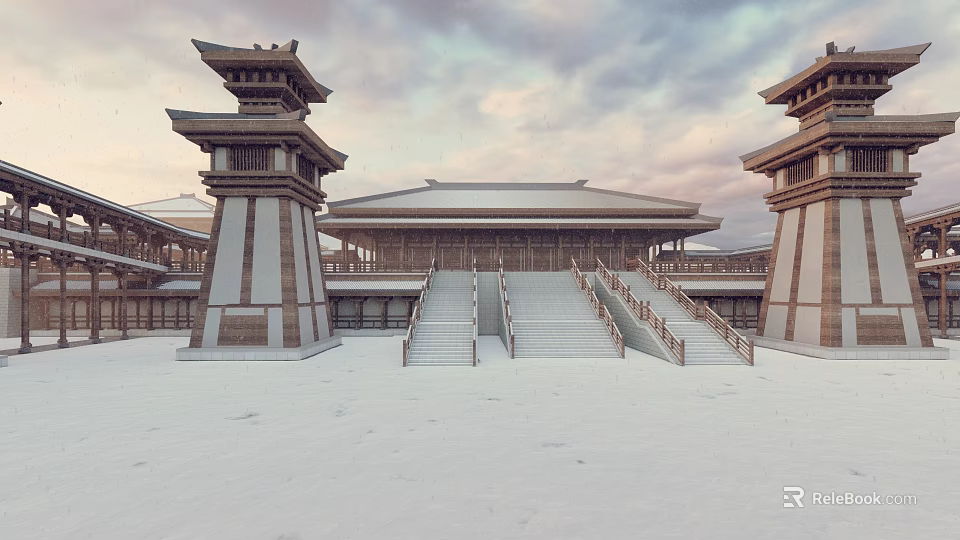 Ancient Architecture With Twin Towers Stone Steps And Snow Covered Ground Under Cloudy Sky 3d model 