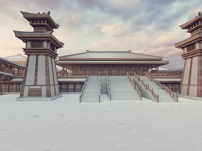 Ancient Architecture With Twin Towers Stone Steps And Snow Covered Ground Under Cloudy Sky 3d model