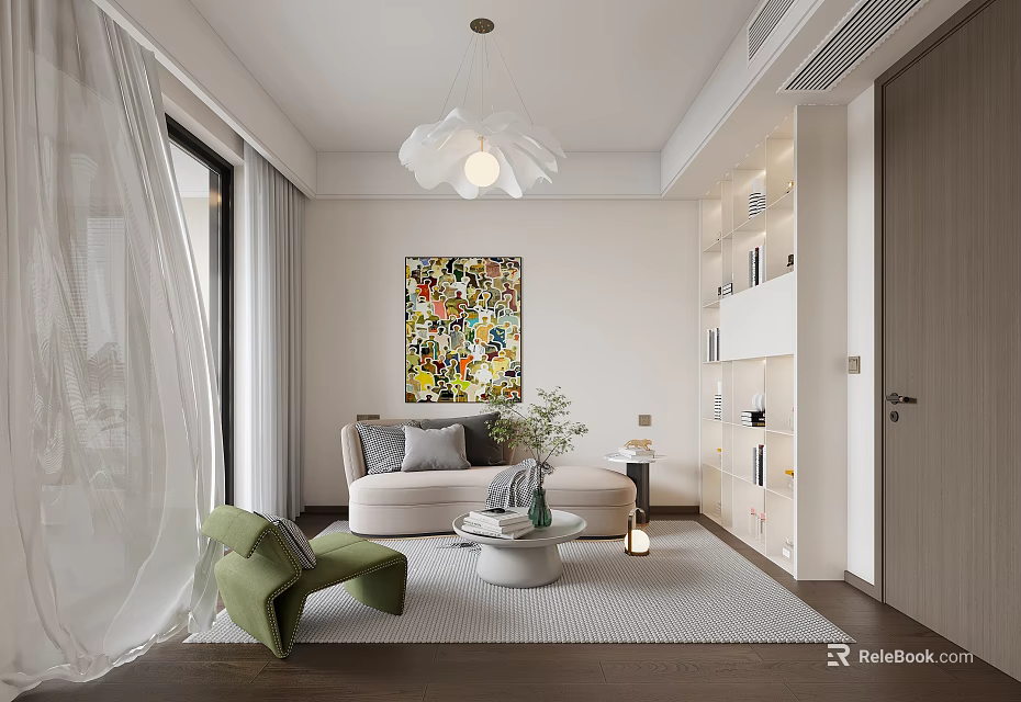 Modern Leisure Room With Art Painting Green Chair And Bookshelves 3d model 
