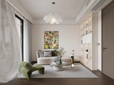 Modern Leisure Room With Art Painting Green Chair And Bookshelves 3d model