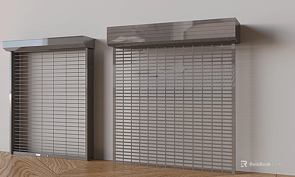 Gray Window Blinds With Modern Design Mounted On Wall And Wooden Floor 3d model 