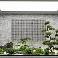 Serene Indoor Landscape With Gray Stone Wall Grid Pattern Pine Tree And Lush Green Plants