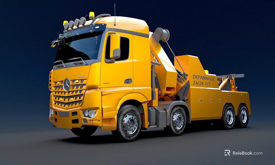 Yellow Mercedes Recovery Tow Truck With Front Lights And Multi Wheel Design 3d model 