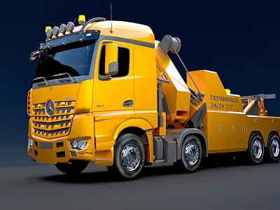 Yellow Mercedes Recovery Tow Truck With Front Lights And Multi Wheel Design 3d model