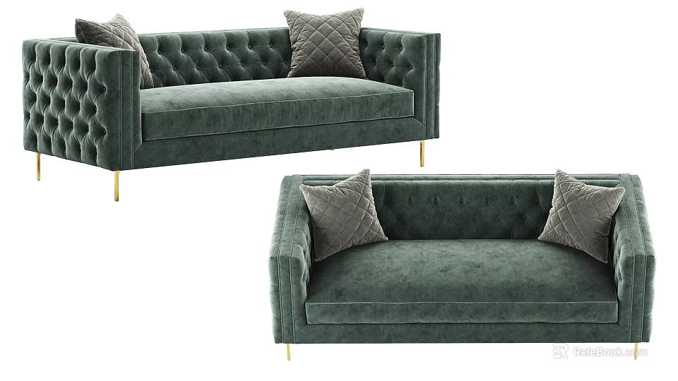 Green Tufted Velvet Sofa With Decorative Pillows And Gold Legs Design 3d model 