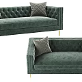 Green Tufted Velvet Sofa With Decorative Pillows And Gold Legs Design
