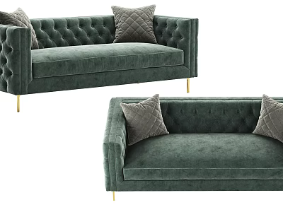 Green Tufted Velvet Sofa With Decorative Pillows And Gold Legs Design 3d model