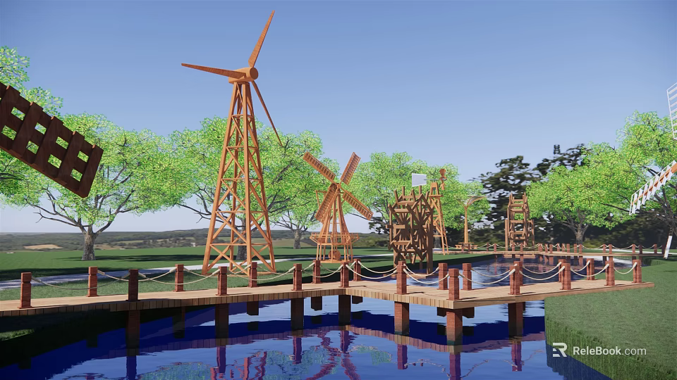 Waterfront Landscape With Wooden Bridges Windmills Green Trees And Calm Water 3d model 