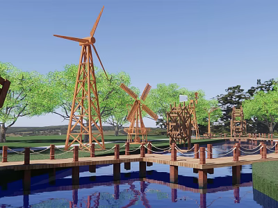 Waterfront Landscape With Wooden Bridges Windmills Green Trees And Calm Water 3d model
