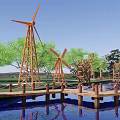 Waterfront Landscape With Wooden Bridges Windmills Green Trees And Calm Water