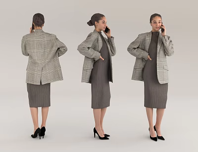 Woman Wearing Gray Plaid Blazer And Gray Dress With Black High Heels From Three Angles 3d model