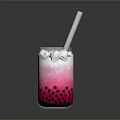 Refreshing Pink And White Gradient Beverage In Glass With Ice Cubes Straw And Black Pearls