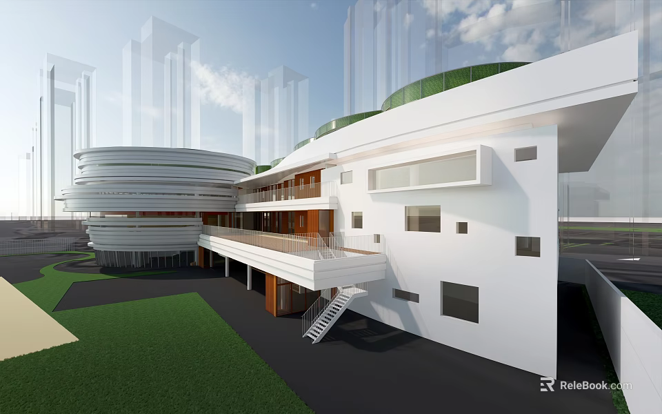 Modern Kindergarten Building With Lawn And Contemporary Design 3d model 