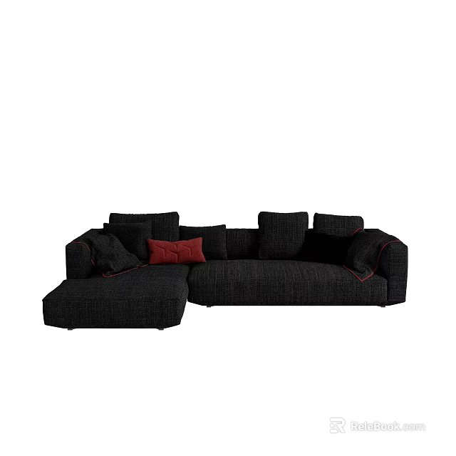Black Sectional Sofa With Multiple Cushions And Red Accent In Living Room 3d model