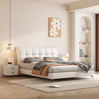 Double Bed Leather Soft Bag Double Bed Cream Style Master Bed Leather Bedroom Bedside Cabinet Bedding 3d model