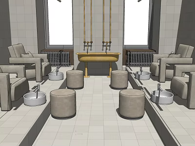 Stylish Single Seat Sofas In Interior With Round Stools Long Table And Tiled Floor 3d model