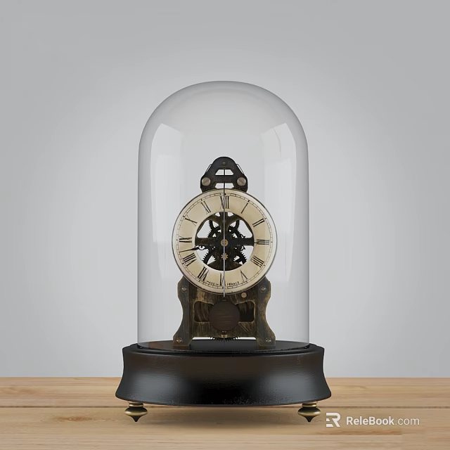 Vintage Mechanical Clock With Glass Dome And Roman Numeral Face On Wooden Base 3d model 