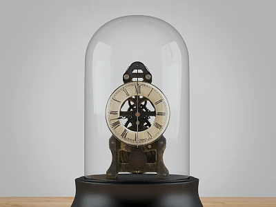 Vintage Mechanical Clock With Glass Dome And Roman Numeral Face On Wooden Base 3d model