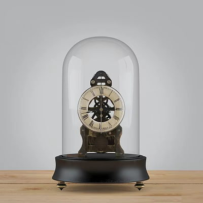 Vintage Mechanical Clock With Glass Dome And Roman Numeral Face On Wooden Base 3d model