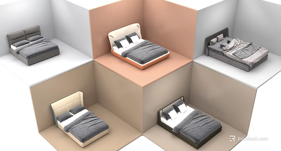 Multiple Double Bed Designs Featuring Gray Beige Bedding And Modern Headboards 3d model 