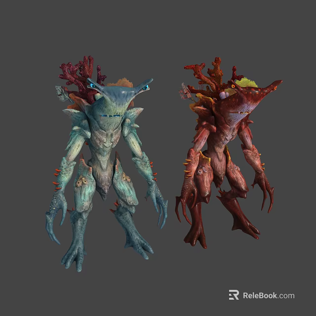 Fantasy Creature Character Designs With Blue Green And Red Plant Like Head Features 3d model 