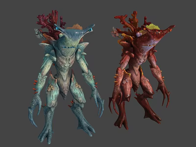 Fantasy Creature Character Designs With Blue Green And Red Plant Like Head Features 3d model