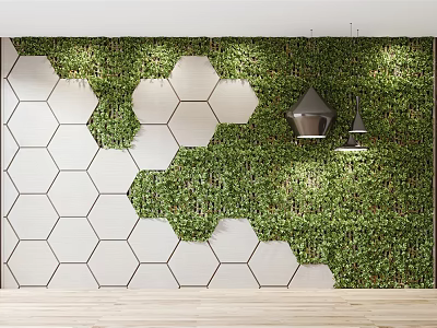 Modern Green Plant Wall With Hexagonal White Panels And Hanging Lamps 3d model