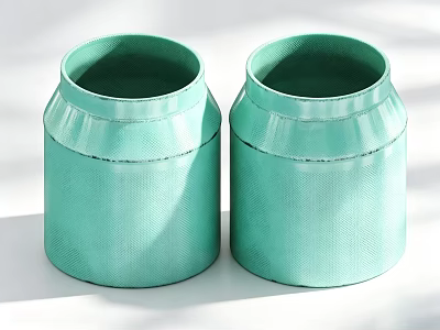 Two Light Green Cylindrical Ceramic Jars With Textured Surface On White Background 3d model