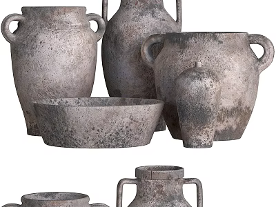 Vintage Ceramic Vessels With Rustic Texture Various Shapes Handles And Bowls 3d model