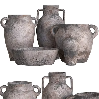 Vintage Ceramic Vessels With Rustic Texture Various Shapes Handles And Bowls 3d model