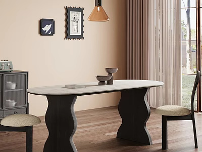 Elegant Restaurant Interior With Oval Table Black Legs Chairs Light Cushions Wall Paintings Pendant Lamp 3d model