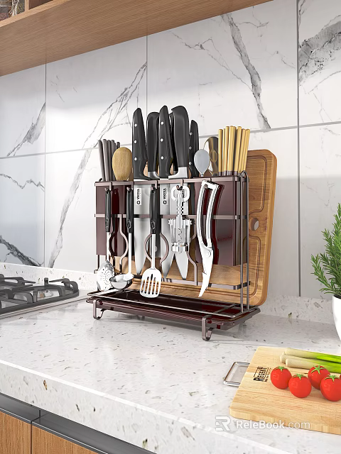 Organized Kitchen Utensil Rack With Various Knives Spatulas Spoons And Cutting Board 3d model 