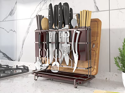 Organized Kitchen Utensil Rack With Various Knives Spatulas Spoons And Cutting Board 3d model