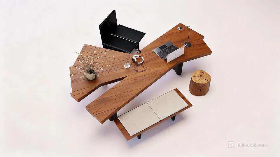 Modern Wooden Office Desk With Laptop Vase Dried Flowers Desk Lamp And Footrest 3d model 