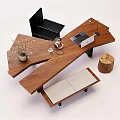 Modern Wooden Office Desk With Laptop Vase Dried Flowers Desk Lamp And Footrest