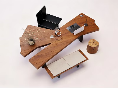Modern Wooden Office Desk With Laptop Vase Dried Flowers Desk Lamp And Footrest 3d model
