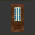 Wooden Front Door With Blue Glass Panel And Golden Decorative Frame
