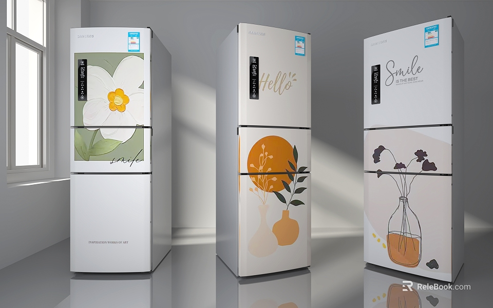 Three Stylish Refrigerators with Floral and Artistic Patterns for Modern Home Interior 3d model 