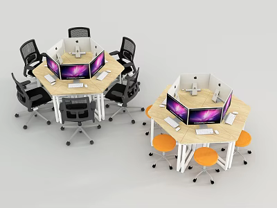Hexagonal Office Desks With Computer Monitors And Ergonomic Chairs In Workspace Setup 3d model