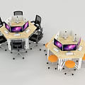 Hexagonal Office Desks With Computer Monitors And Ergonomic Chairs In Workspace Setup 3d model