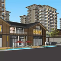 Modern Commercial Street with High Rise Buildings Retail Shops and Fountain Square