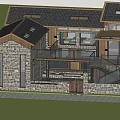 Rustic Guesthouse Building With Stone Walls Wooden Balcony Stone Pavement And Lawn