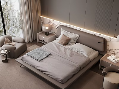 Modern Minimalist Bedroom Interior With Comfortable Bed Nightstand Table Lamp Soft Curtains And Accent Chair 3d model