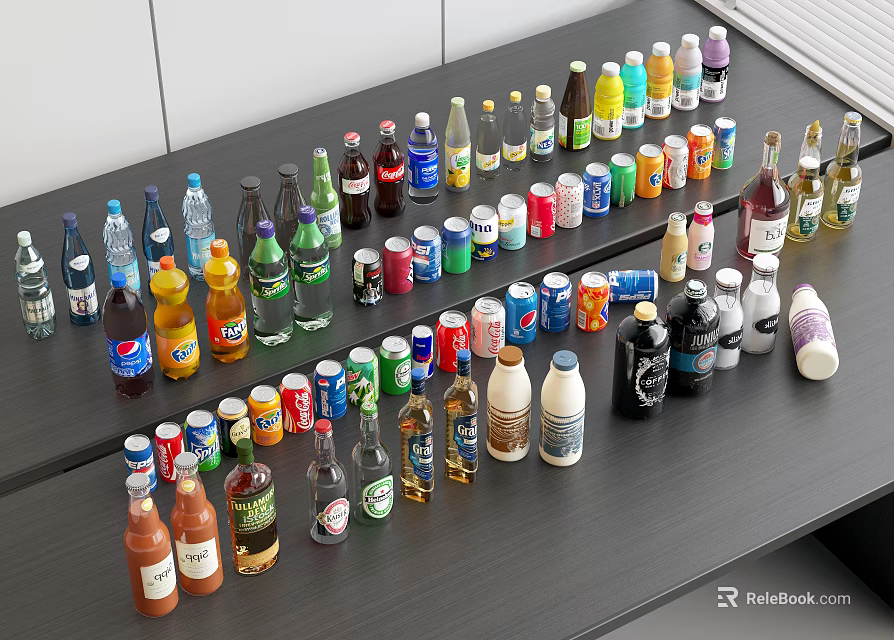 Assorted Colorful Bottled Drinks Including Different Types Of Beverages Neatly Arranged On Table 3d model 